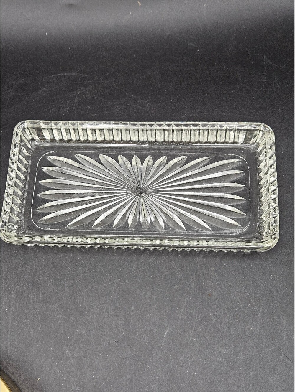Vintage Clear Pressed Glass Relish Tray Starburst Vanity Trinket Dish 7" x 3.5"